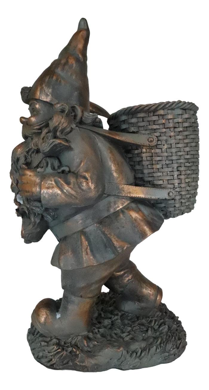 Hiking Garden Gnome With Spade And Wicker Basket Bag Floral Planter Vase Statue