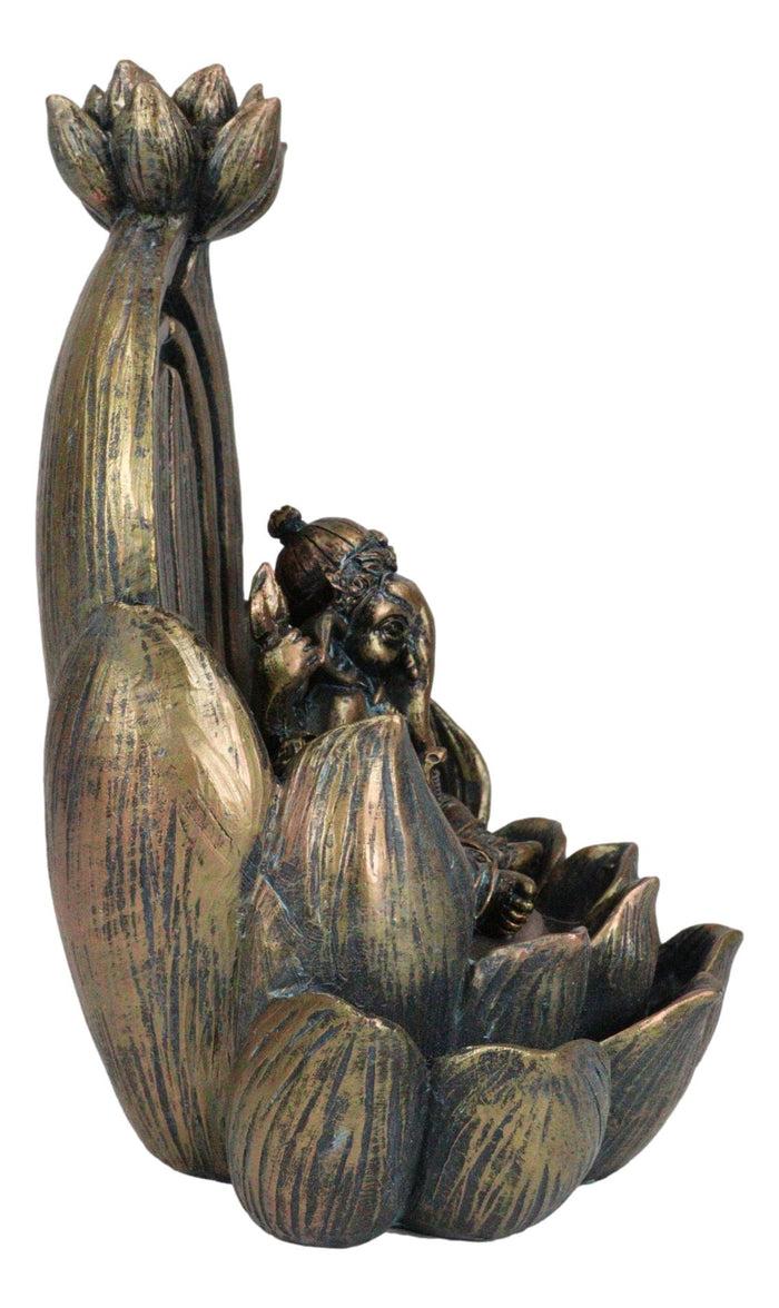 Hindu Elephant God Ganesha On Lotus Throne Backflow Cone Incense Burner Figurine