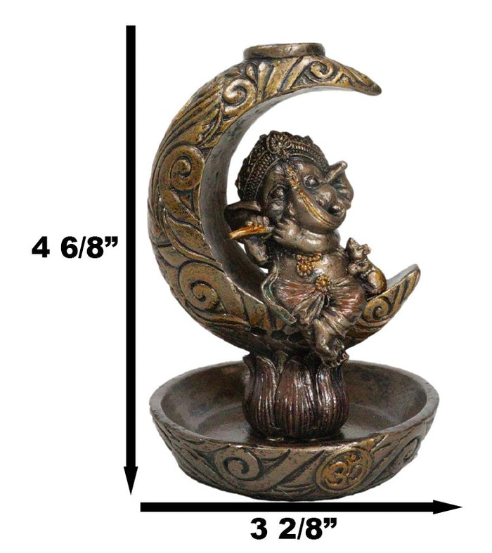 Hindu God Baby Ganesha Playing Flute On Crescent Moon Backflow Incense Burner