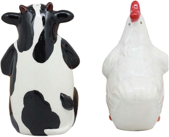 Holstein Cow And Hen Holding Steak & Roast Chicken Sign Salt Pepper Shakers Set