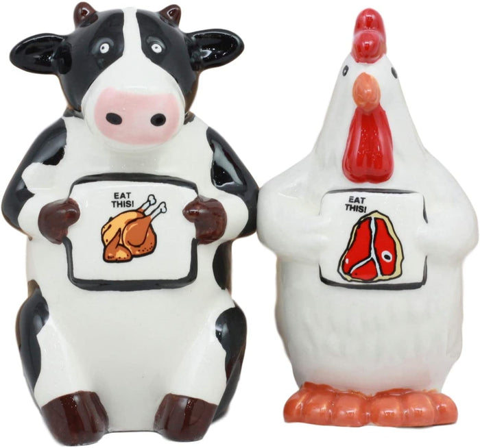 Holstein Cow And Hen Holding Steak & Roast Chicken Sign Salt Pepper Shakers Set
