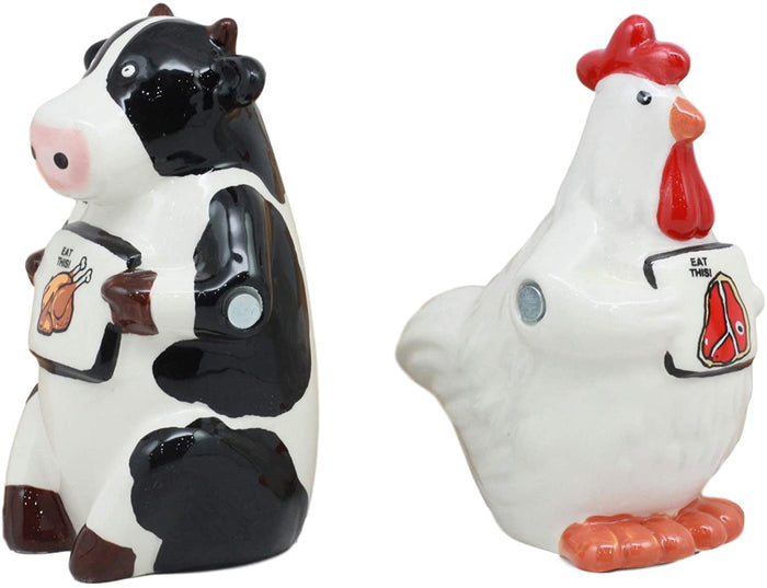 Holstein Cow And Hen Holding Steak & Roast Chicken Sign Salt Pepper Shakers Set