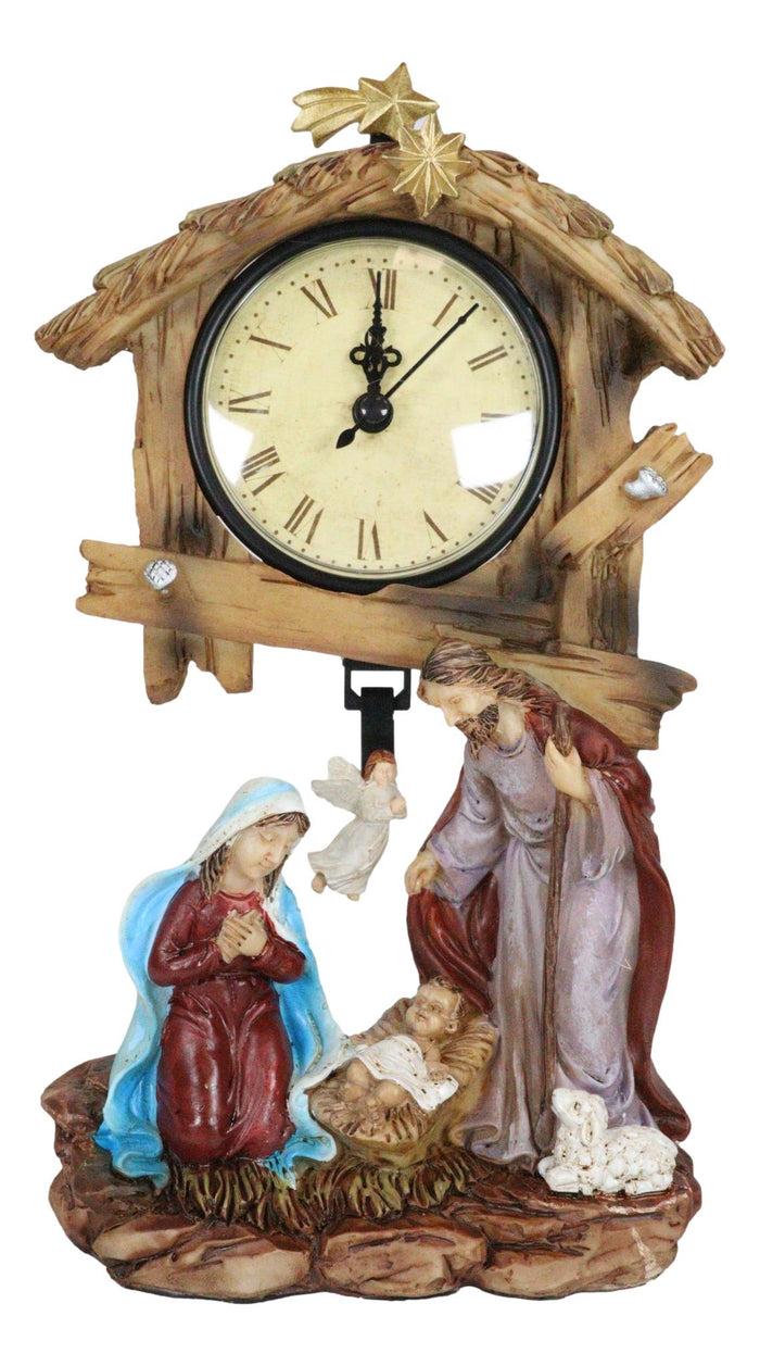 Holy Family Nativity Mary Joseph And Baby Jesus In Manger Pendulum Table Clock