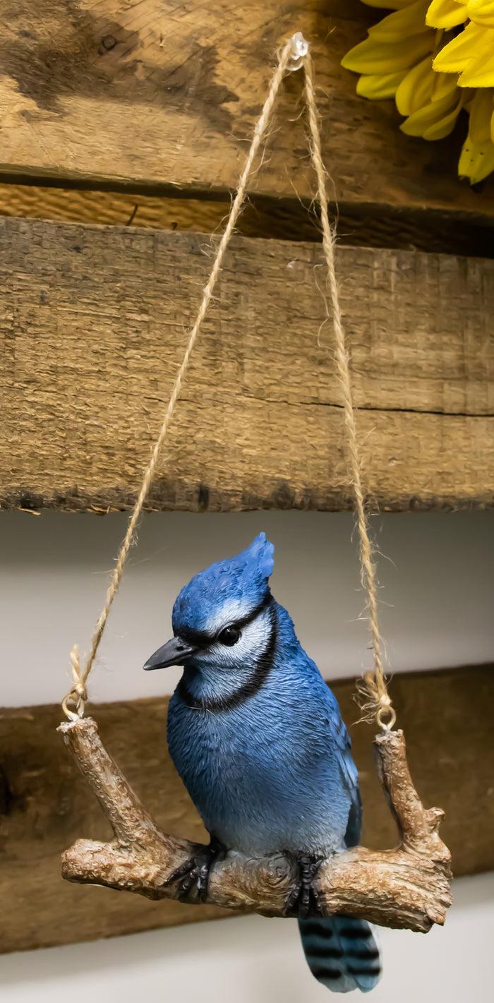 Home Garden Hanging Blue Jay Passerine Bird Perching On Branch Figurine Decor