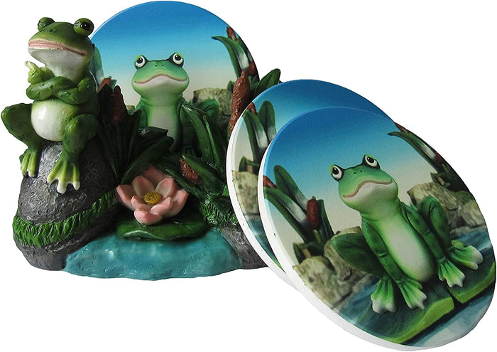 Hoppy Hour Whimsical Green Frog Lily Pad Pond Coaster Holder And 4 Coasters Set