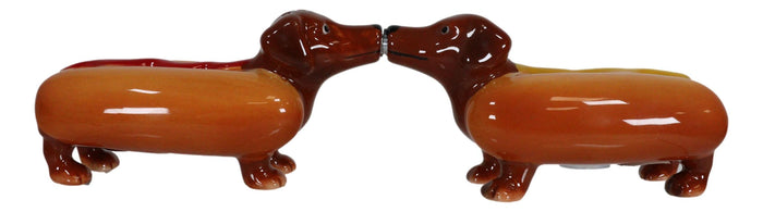 Hot Dog Sausage Ketchup Mustard Dachshunds Ceramic Salt & Pepper Shakers Set