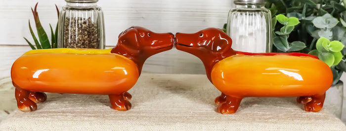 Hot Dog Sausage Ketchup Mustard Dachshunds Ceramic Salt & Pepper Shakers Set Hot Dog Sausage Ketchup Mustard Dachshunds Ceramic Salt & Pepper Shakers Set