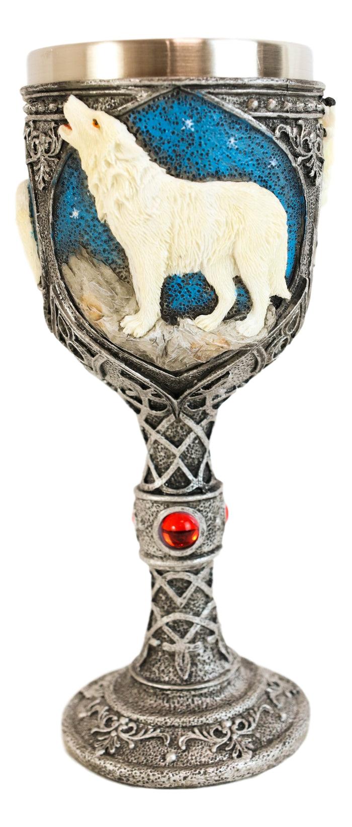 Howling White Wolf In Starry Night Wine Chalice Goblet With Celtic Knotwork 7oz