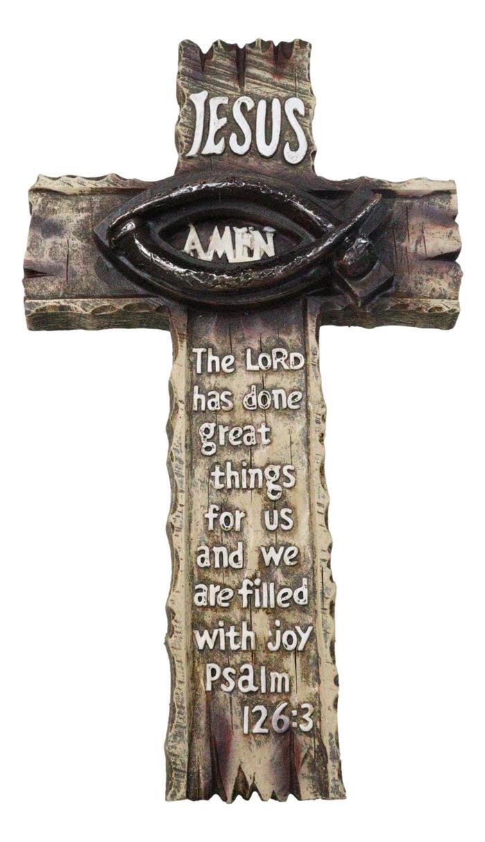 Ichthys Fish Spike Nails Jesus With Scriptural Psalm 126 Faux Wood Wall Cross