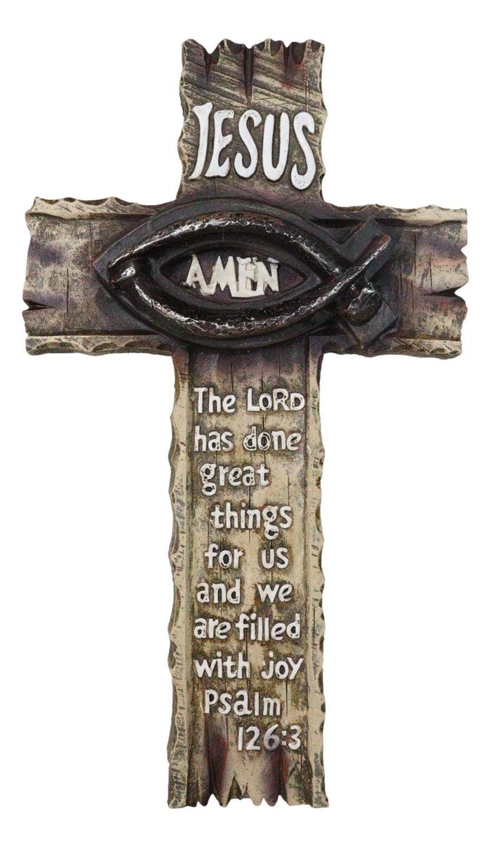 Ichthys Fish Spike Nails Jesus With Scriptural Psalm 126 Faux Wood Wall Cross