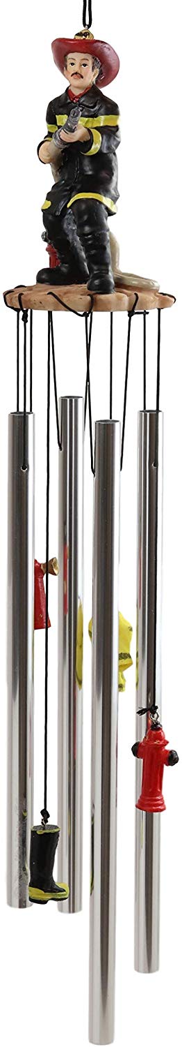 In Line Of Duty Fireman With Fire Hose By Red Hydrant Wind Chime Garden Decor