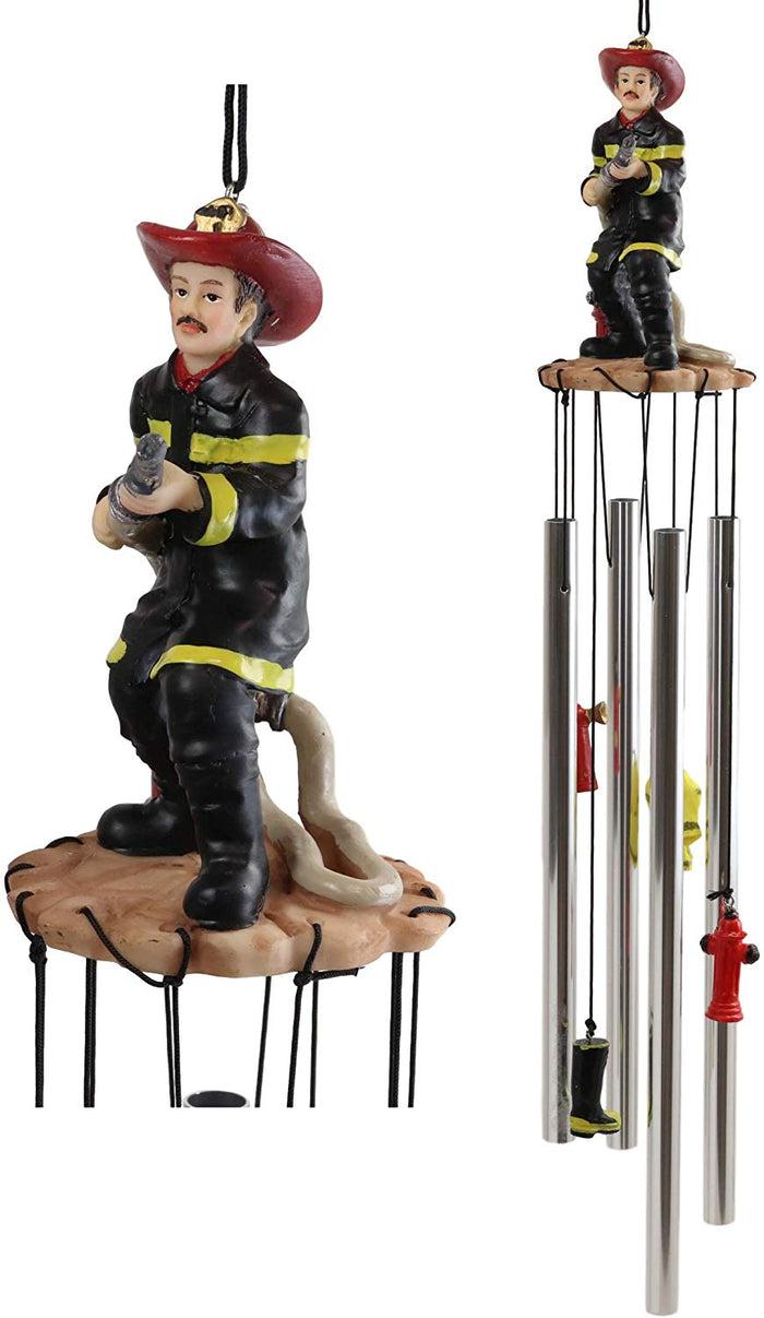 In Line Of Duty Fireman With Fire Hose By Red Hydrant Wind Chime Garden Decor