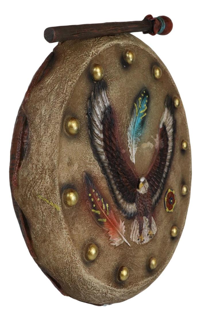 Indian Soaring Eagle And Feathers Warpath Drum And Stick Wall Plaque Figurine
