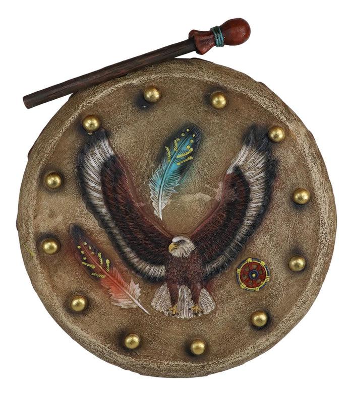 Indian Soaring Eagle And Feathers Warpath Drum And Stick Wall Plaque Figurine