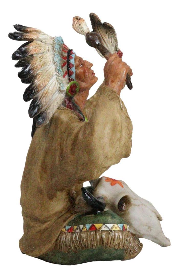 Indian Tribal Chief With Headdress Roach And Bull Skull Ritual Ceremony Figurine