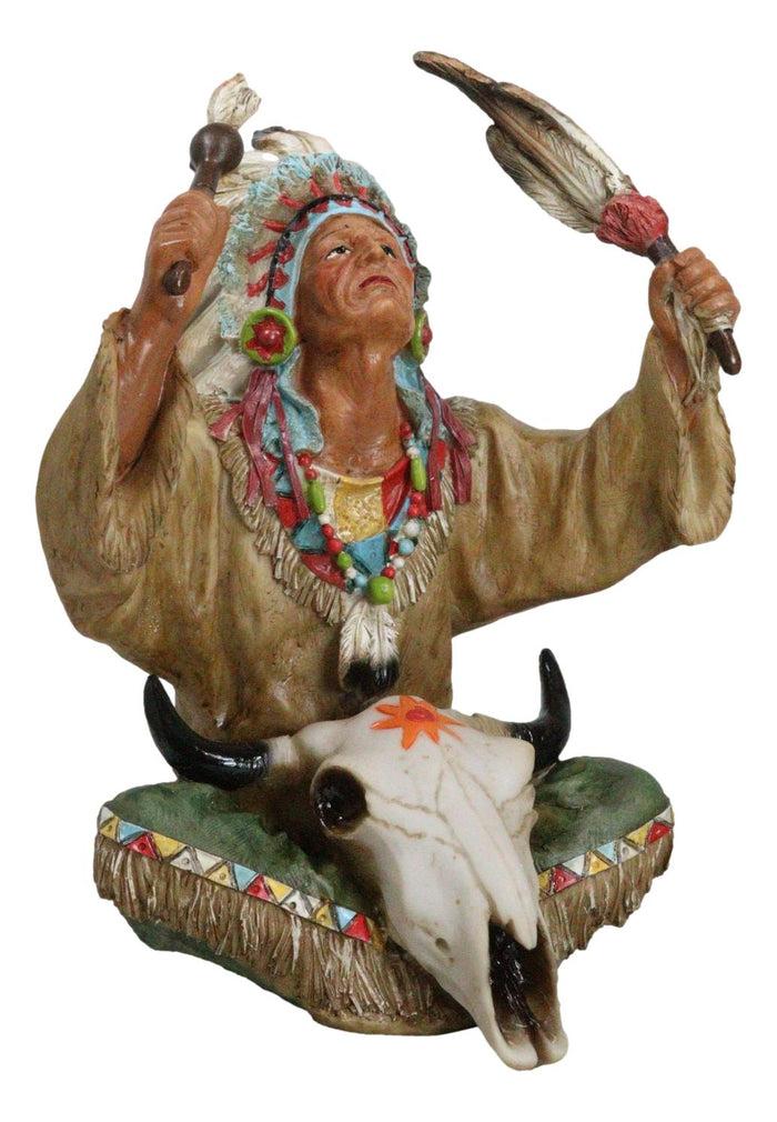 Indian Tribal Chief With Headdress Roach And Bull Skull Ritual Ceremony Figurine
