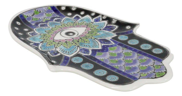 Indigo Chakra Hamsa Palm Mandala And Evil Eye Ceramic Dish Brass Incense Holder