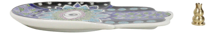 Indigo Chakra Hamsa Palm Mandala And Evil Eye Ceramic Dish Brass Incense Holder