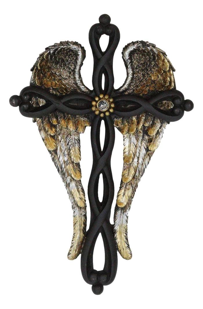 Inspirational Golden Angel Wings With Black Twisted Knotwork Wall Cross Plaque