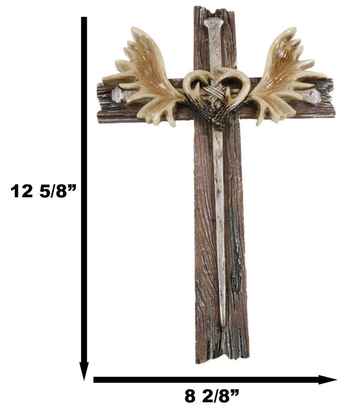 Inspirational Grand Elk Moose Bone Antlers With Spike Nails Faux Wood Wall Cross