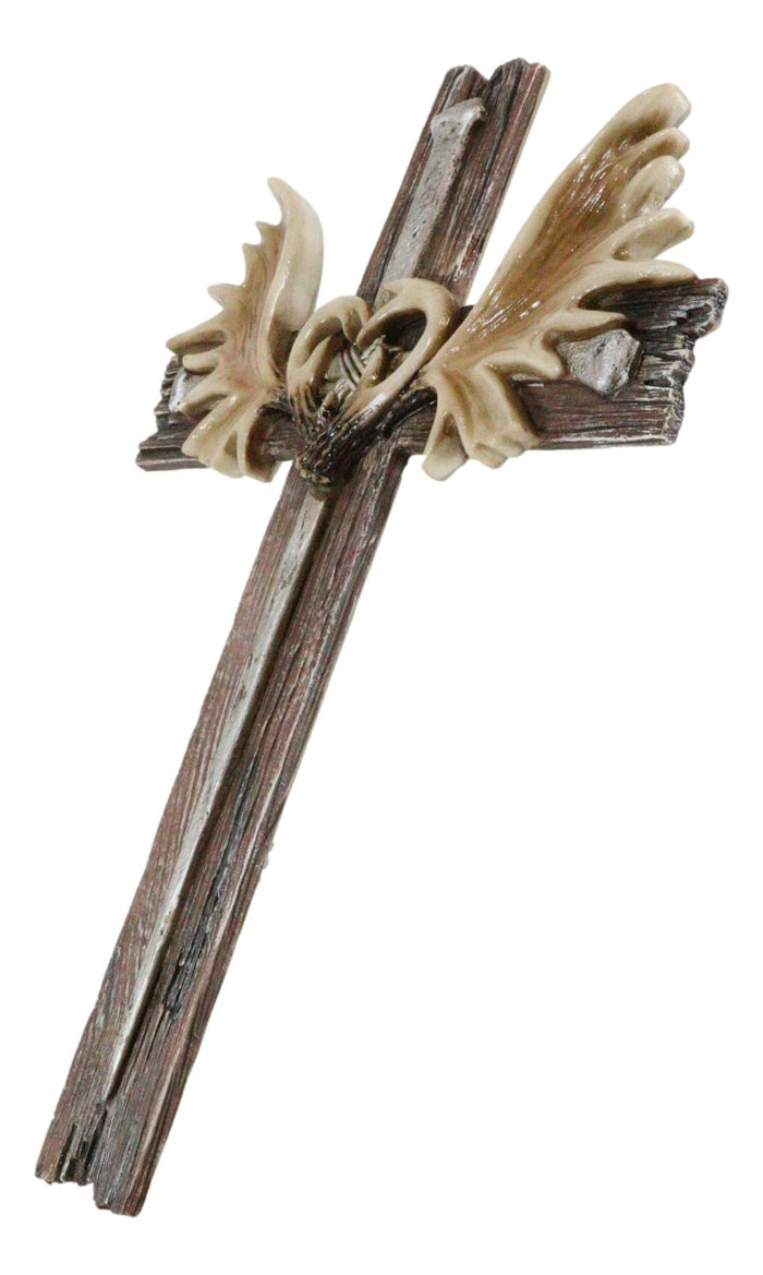 Inspirational Grand Elk Moose Bone Antlers With Spike Nails Faux Wood Wall Cross
