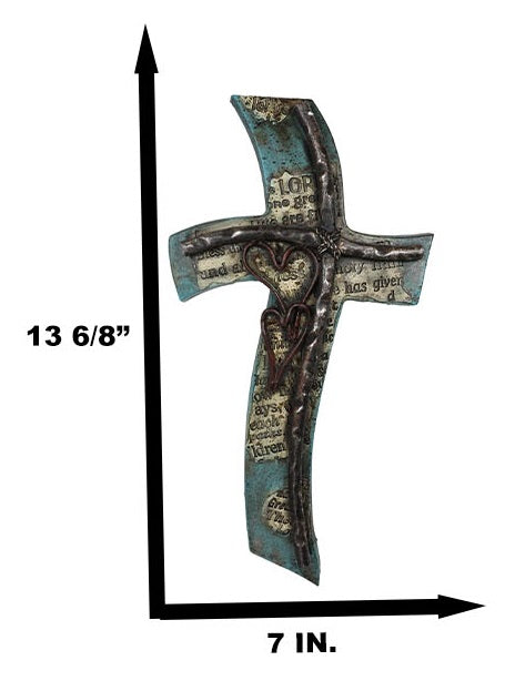 Inspirational Turquoise Double Heart Layered Artistic Fluid Curved Wall Cross