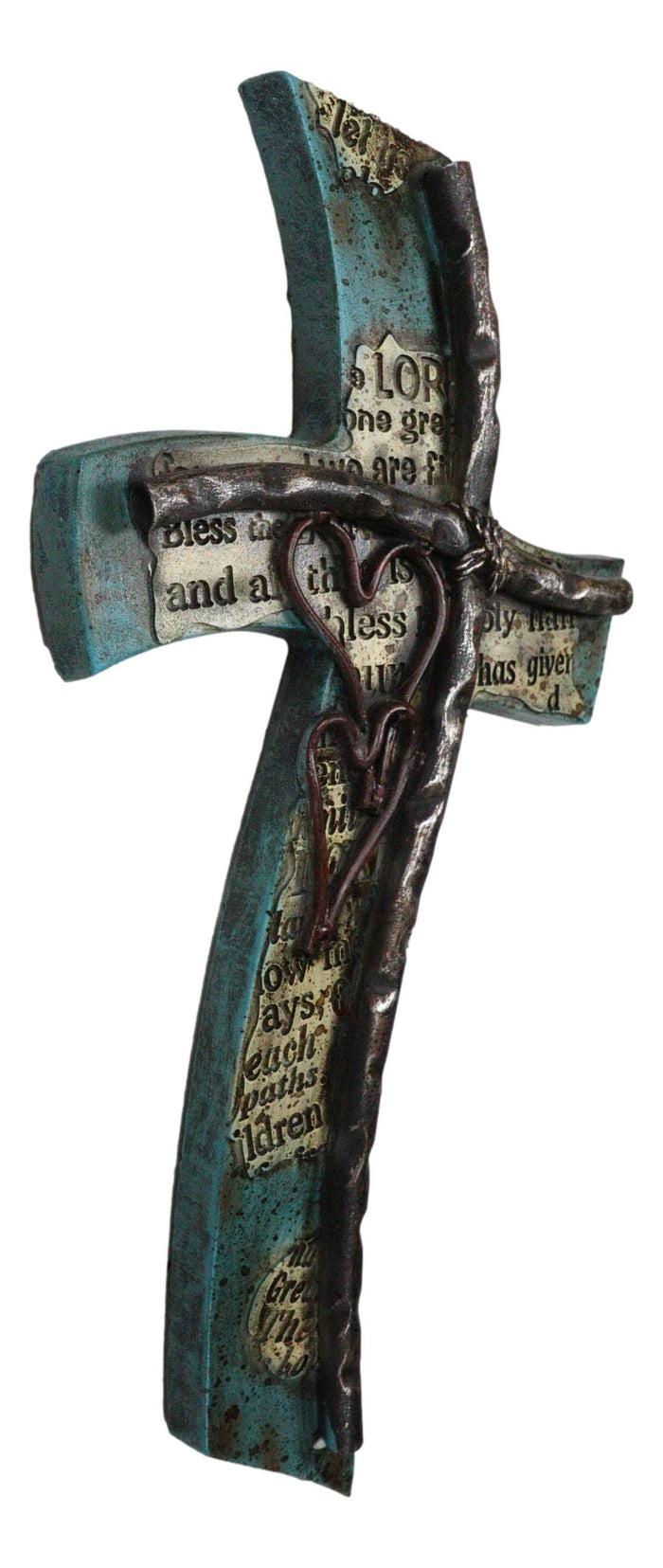 Inspirational Turquoise Double Heart Layered Artistic Fluid Curved Wall Cross