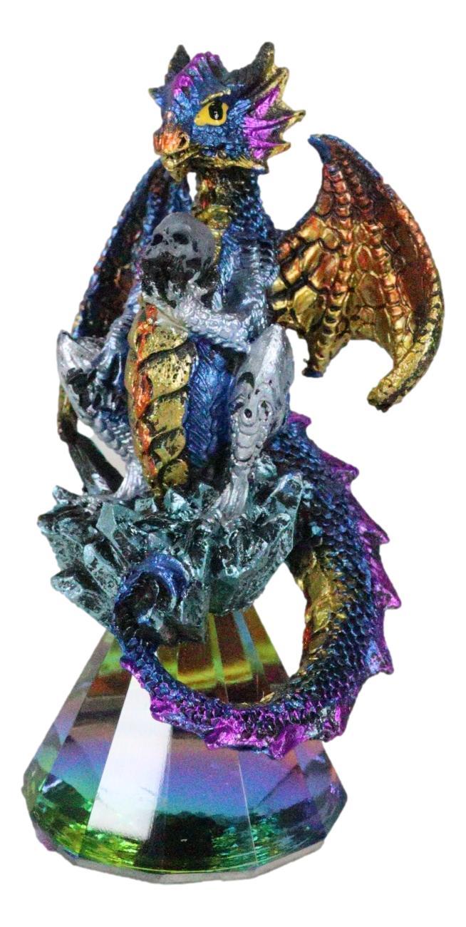 Iridescent Armored Rainbow Wyrmling Dragon Skull On Faux Crystal Prism Figurine