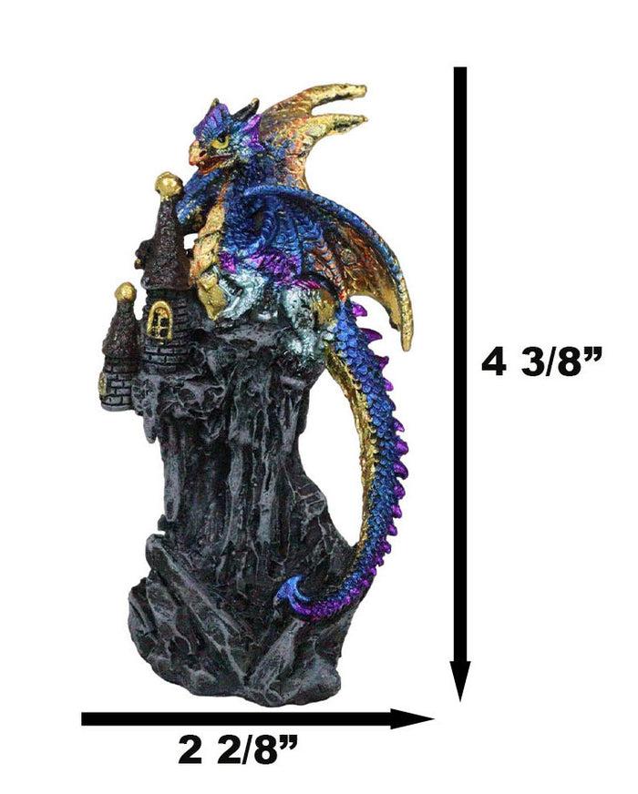 Iridescent Blue Wyrmling Dragon On Rocky Mountain Treasure Castle Top Figurine