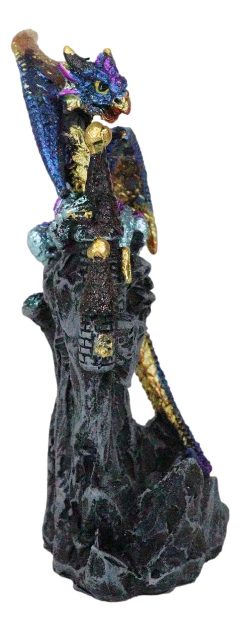 Iridescent Blue Wyrmling Dragon On Rocky Mountain Treasure Castle Top Figurine