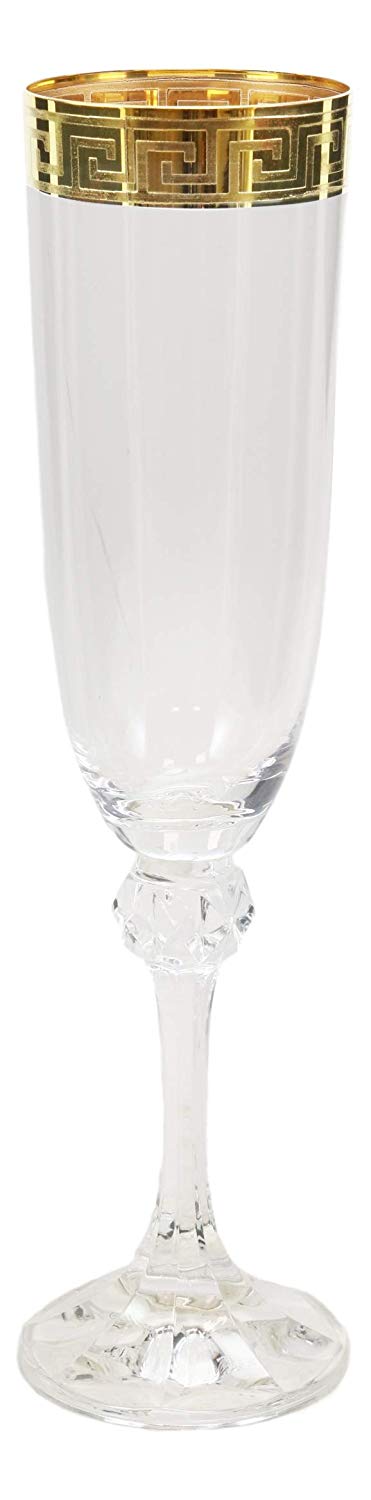 Italian 14K Gold Greek Key Greca Border 9" Champagne Flute Wine Glass Set Of 6