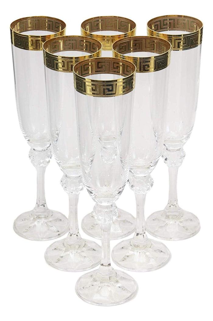 Italian 14K Gold Greek Key Greca Border 9" Champagne Flute Wine Glass Set Of 6