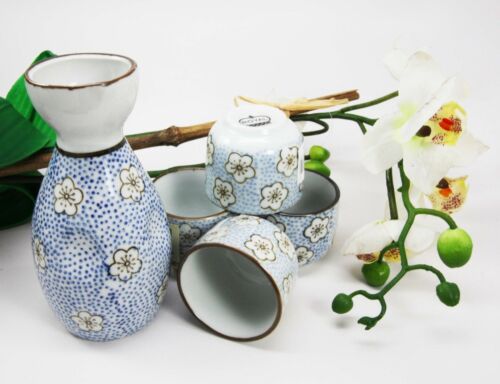 Japanese 7oz Blue Polkadots Sakura Cherry Blossoms Sake Flask With Four Cups Set