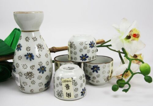 Japanese 7oz Blue White Sakura Cherry Blossoms Sake Flask With Four Cups Set