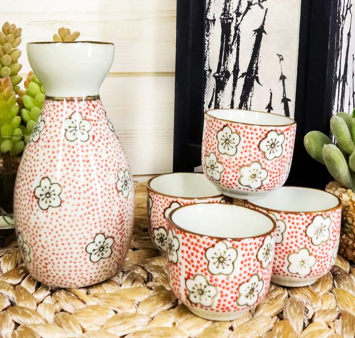 Japanese 7oz Red Polkadots Sakura Cherry Blossoms Sake Flask With Four Cups Set