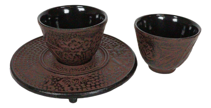 Japanese Bamboo Forest Maroon Red Traditional Heavy Cast Iron Tea Pot And Cups