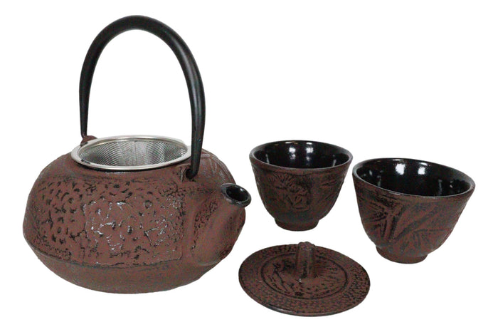 Japanese Bamboo Forest Maroon Red Traditional Heavy Cast Iron Tea Pot And Cups