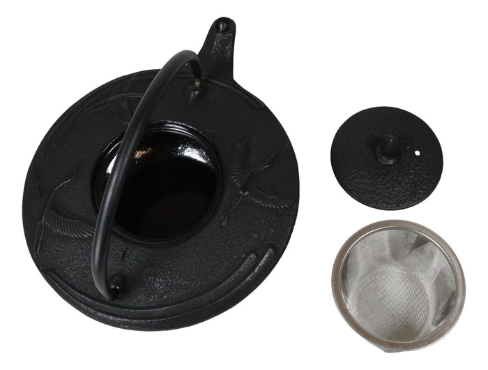 Japanese Black Cast Iron Trinity Asian Crane Tea Pot Tetsubin 24 Fl Oz Capacity