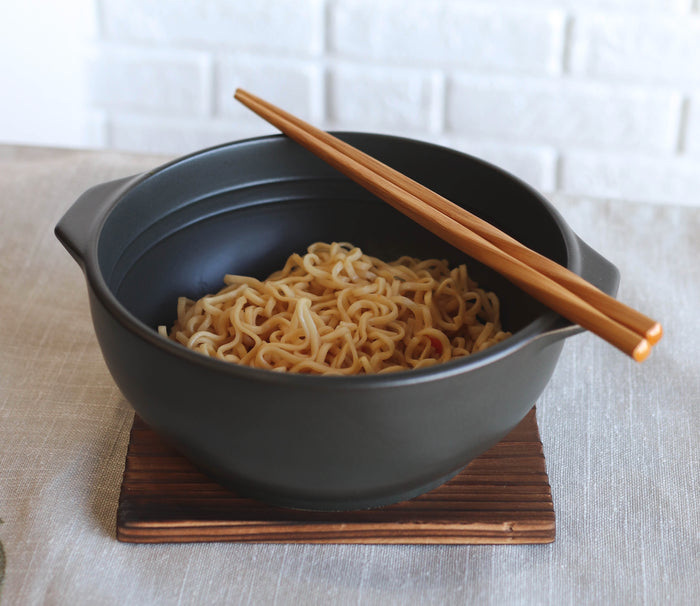Japanese Black Donabe Ceramic Hot Clay Pot Bowl Casserole 32oz With Wooden Base