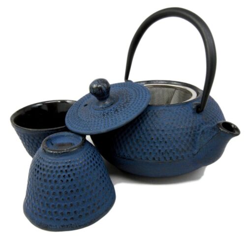 Japanese Blue Cast Iron Teapot Set With Trivet And Cups Serves 2 Dinnerware