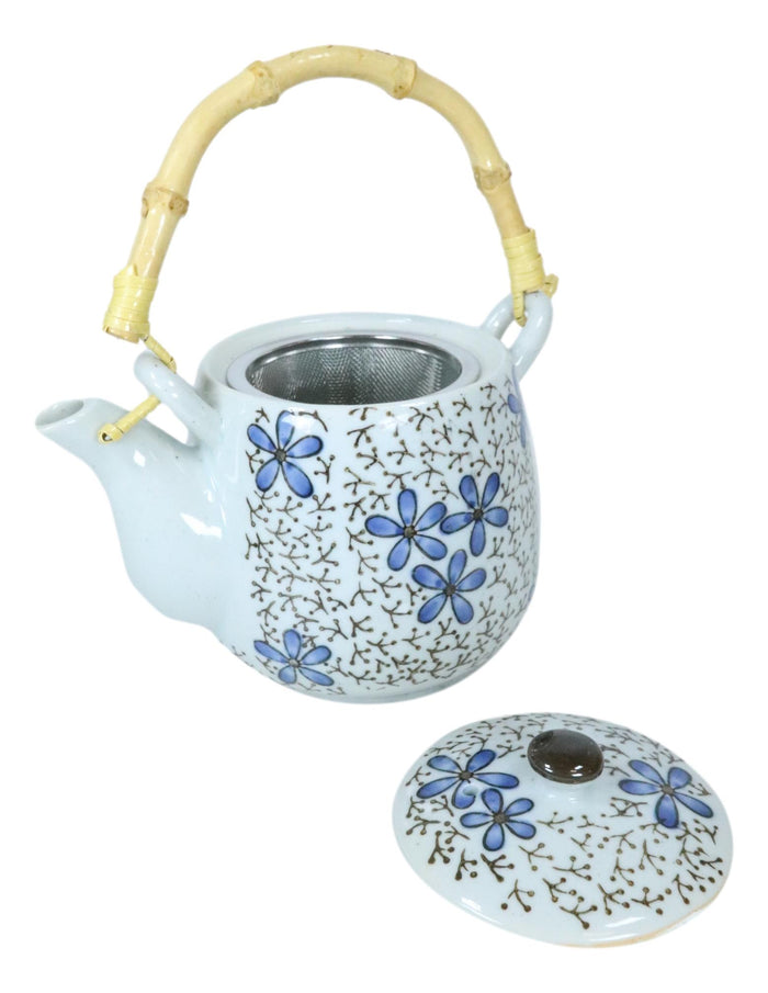 Japanese Blue Cherry Blossom 20oz Ceramic Tea Pot And Cups Set Serves 4 People