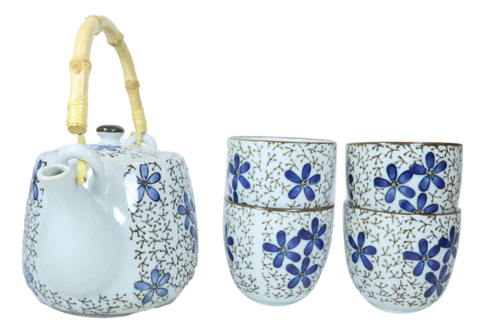 Japanese Blue Cherry Blossom 20oz Ceramic Tea Pot And Cups Set Serves 4 People