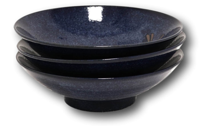Japanese Blue Dragonfly Pasta Salad Soup Rice Ceramic Shallow Bowls Set Of 3