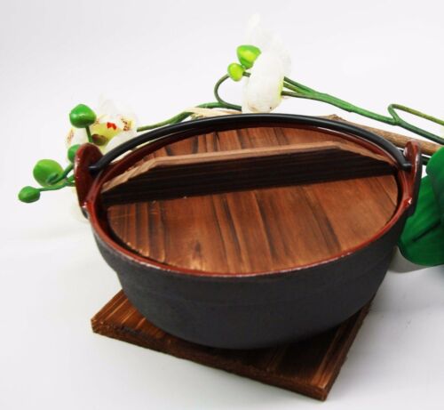 Japanese Cast Iron Sukiyaki Shabu Nabemono Personal Size Hot Pot With Wooden Lid