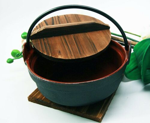 Japanese Cast Iron Sukiyaki Shabu Nabemono Personal Size Hot Pot With Wooden Lid