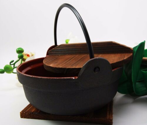 Japanese Cast Iron Sukiyaki Shabu Nabemono Personal Size Hot Pot With Wooden Lid
