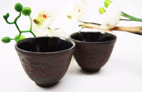 Japanese Cast Iron Tea Cups Set Of Two Bamboo Design Red Burgundy Color Cup