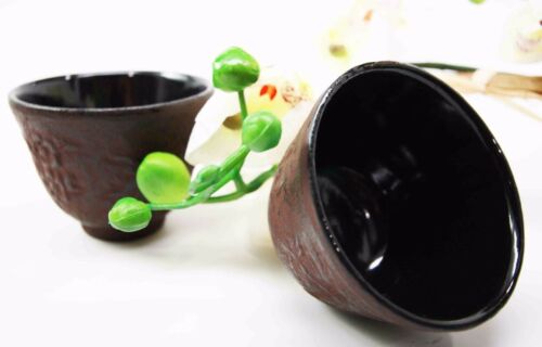 Japanese Cast Iron Tea Cups Set Of Two Bamboo Design Red Burgundy Color Cup
