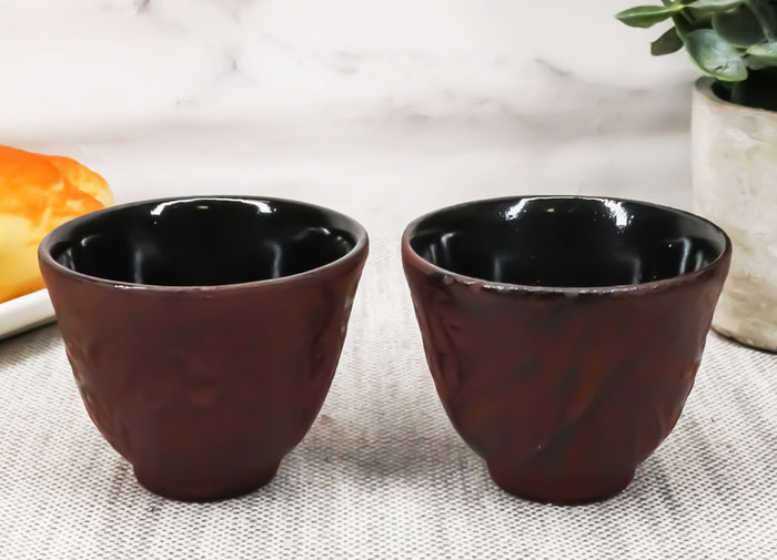 Japanese Cast Iron Tea Cups Set Of Two Bamboo Design Red Burgundy Color Cup