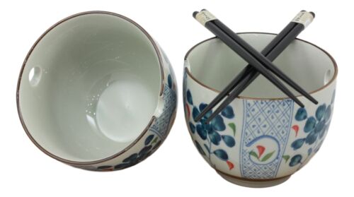 Japanese Design Ceramic Indigo Blossoms Ramen Noodles Bowl & Chopsticks Set Of 2